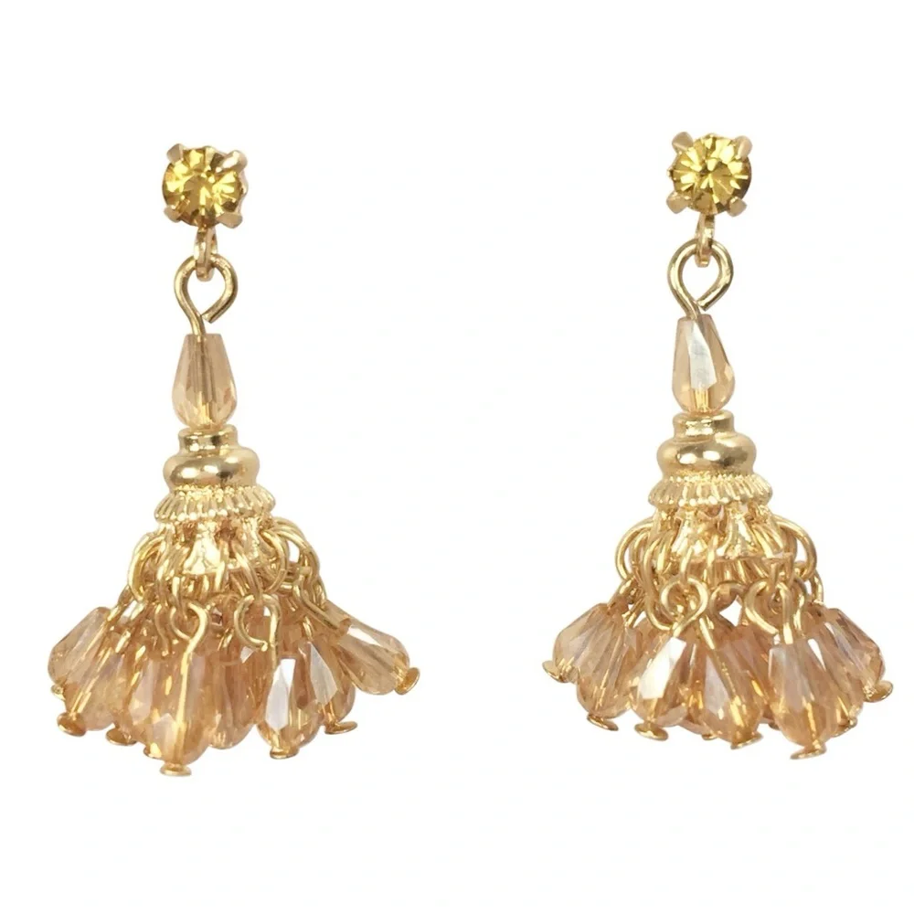 Topaz Color Beaded Indian Style Gold Tone Drop Post Earrings - Picture 1 of 3